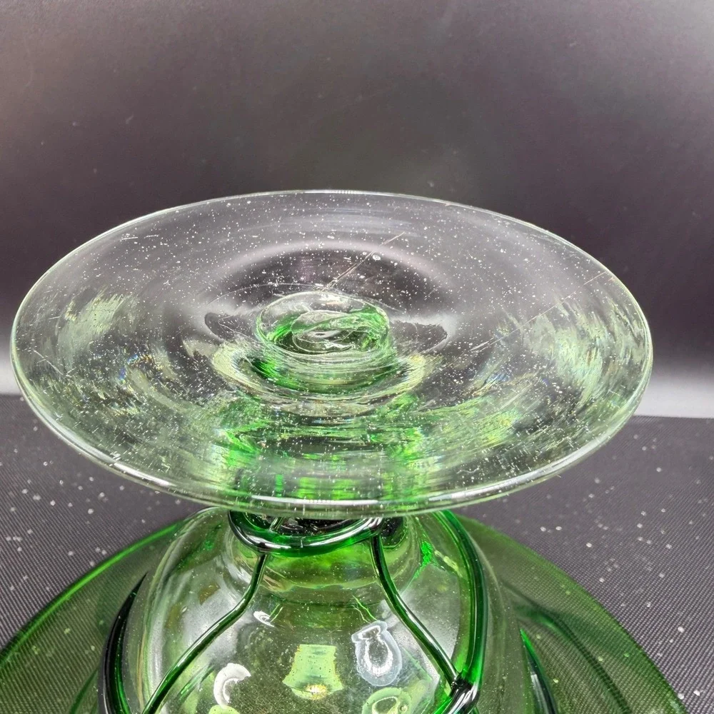 Aromatique Green Swirl Glass Bowl Mouth Blown 6x8 Made in USA Footed Centerpiece